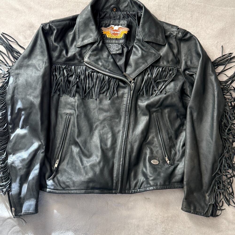 Vintage Harley Davidson Leather Fringe Motorcycle Jacket Womens 2XL W Black Bike